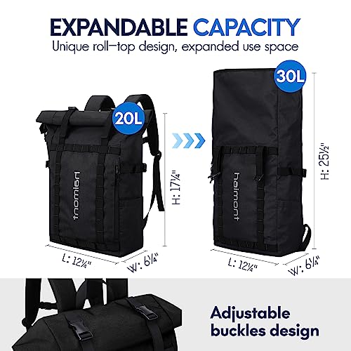 Haimont Rolltop Backpack for Men Women Water-Resistant Carry on Travel Backpack Casual Daypack with Laptop Compartment for Work Trip Hiking, 20L, Black