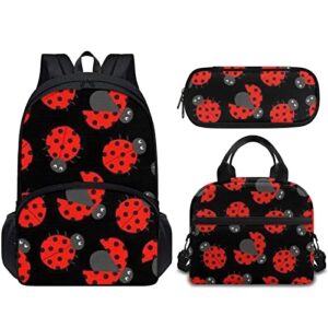 forchrinse 3piece ladybug backpack for girls kids elementary middle school backpack bookbag with lunch box pencil bag