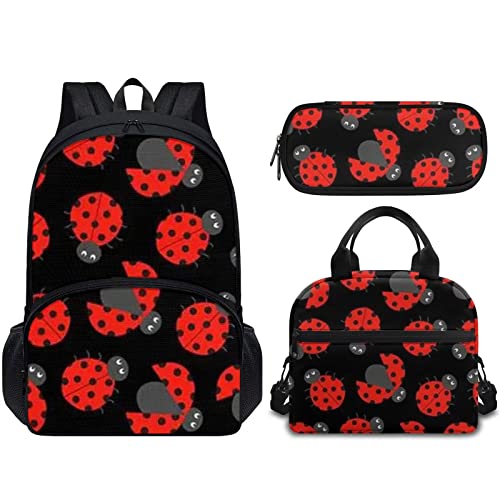 Forchrinse 3Piece Ladybug Backpack for Girls Kids Elementary Middle School Backpack Bookbag with Lunch Box Pencil Bag