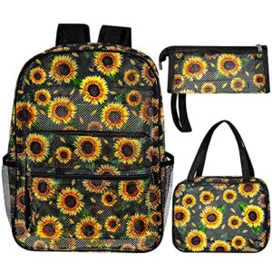 silkfly sunflower mesh backpack cow semi transparent sackpack school bags for girls with cow sunflower lunch bag and pencil case see through beach bag mesh (sunflower style)