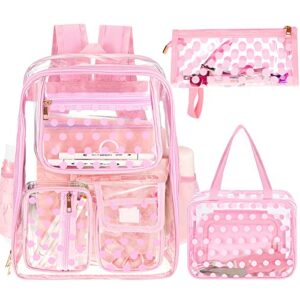 silkfly 3 pcs clear backpack transparent school backpacks pvc clear bookbag with lunch bag pencil case for stadium, school (pink, polka dot)