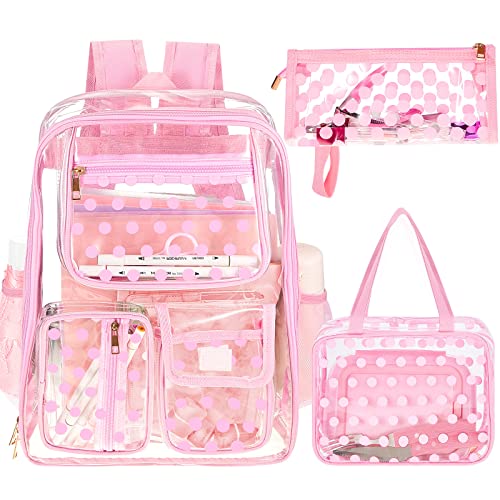 Silkfly 3 Pcs Clear Backpack Transparent School Backpacks PVC Clear Bookbag with Lunch Bag Pencil Case for Stadium, School (Pink, Polka Dot)