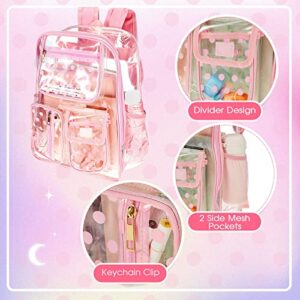 Silkfly 3 Pcs Clear Backpack Transparent School Backpacks PVC Clear Bookbag with Lunch Bag Pencil Case for Stadium, School (Pink, Polka Dot)