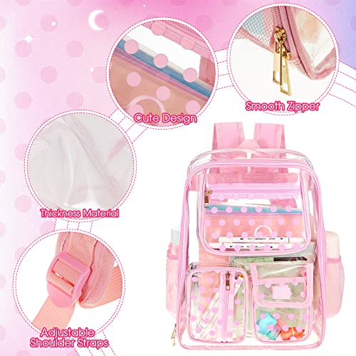 Silkfly 3 Pcs Clear Backpack Transparent School Backpacks PVC Clear Bookbag with Lunch Bag Pencil Case for Stadium, School (Pink, Polka Dot)