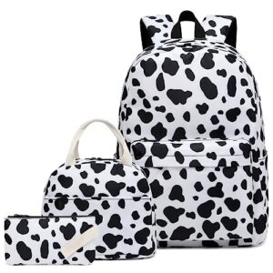 dezcrab cow print kids backpack for girls, teens school bags bookbags set with lunch bag pencil case