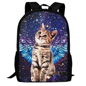 free lion kids cat backpack for boys girls cute little kitten with angel wings in galaxy bookbags elementary middle high school bag large capacity 17 inch big student backpack for school & travel