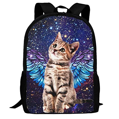 FREE LION Kids Cat Backpack for Boys Girls Cute Little Kitten with Angel Wings in Galaxy Bookbags Elementary Middle High School Bag Large Capacity 17 inch Big Student Backpack for School & Travel