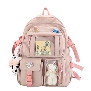 mwzing kawaii backpack with lunch bag kawaii shoulder bag cute aesthetic backpack with cute pin accessories plush pendant pink