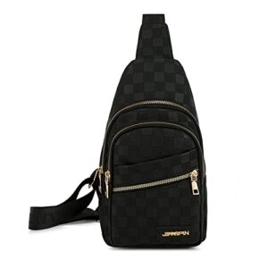 oanexx chest sling bag women crossbody shoulder sling backpack checkered chest fanny daypack adjustable (black-1)
