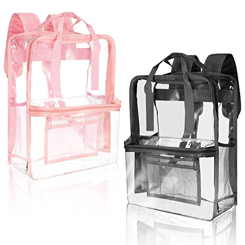 Silkfly 2 Pcs Clear Backpack Stadium Approved Heavy Duty Transparent Bookbag Large Clear Book Bag See Through Backpack Plastic Backpack PVC Backpacks for School Work Women Men, Black and Pink