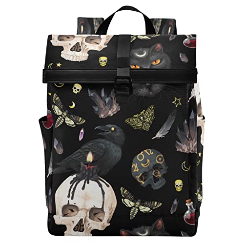 MNSRUU Roll Top Travel Backpack Goth Skull Moth Laptop Backpacks for Women Men School Book Bag for College Students, Carry On Casual Daypack Backpacks