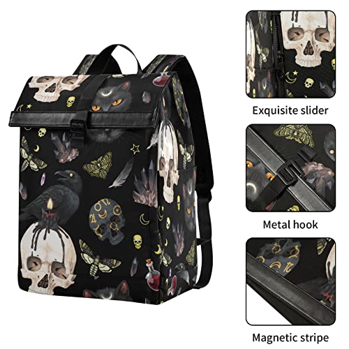 MNSRUU Roll Top Travel Backpack Goth Skull Moth Laptop Backpacks for Women Men School Book Bag for College Students, Carry On Casual Daypack Backpacks