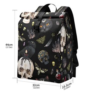 MNSRUU Roll Top Travel Backpack Goth Skull Moth Laptop Backpacks for Women Men School Book Bag for College Students, Carry On Casual Daypack Backpacks