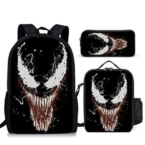 ksspovkr unisex anime backpack set school bookbags gifts 3-piece backpacks with lunch box and pencilcase for boys and girls,black