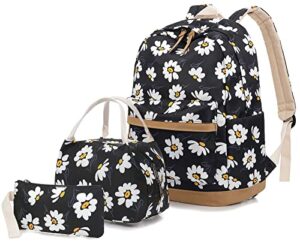 flowers backpack kids school bag 3-in-1 bookbag set, junlion laptop backpack lunch bag pencil case gift for teen girls womens daisy black