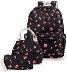 mushroom school bag 3-in-1 kids bookbag set, junlion laptop backpack lunch bag pencil case gift for teen girls womens