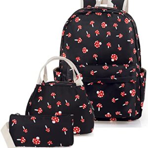 Mushroom School Bag 3-in-1 Kids Bookbag Set, Junlion Laptop Backpack Lunch Bag Pencil Case Gift for Teen Girls Womens