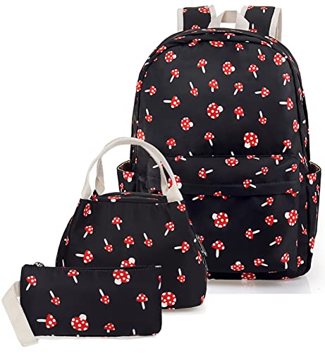 Mushroom School Bag 3-in-1 Kids Bookbag Set, Junlion Laptop Backpack Lunch Bag Pencil Case Gift for Teen Girls Womens