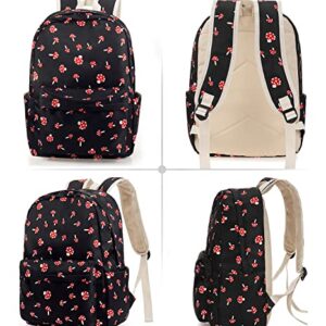 Mushroom School Bag 3-in-1 Kids Bookbag Set, Junlion Laptop Backpack Lunch Bag Pencil Case Gift for Teen Girls Womens