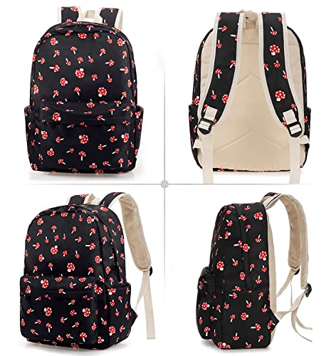 Mushroom School Bag 3-in-1 Kids Bookbag Set, Junlion Laptop Backpack Lunch Bag Pencil Case Gift for Teen Girls Womens