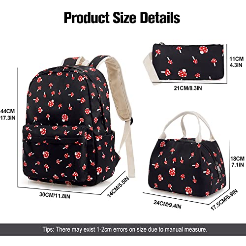 Mushroom School Bag 3-in-1 Kids Bookbag Set, Junlion Laptop Backpack Lunch Bag Pencil Case Gift for Teen Girls Womens