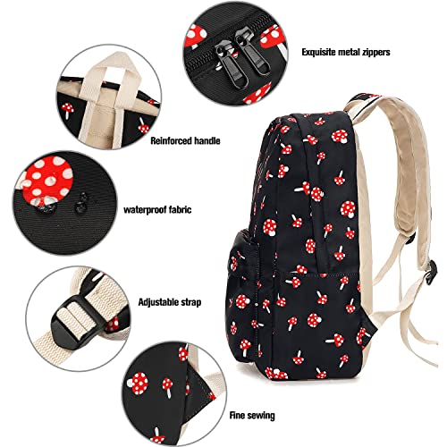 Mushroom School Bag 3-in-1 Kids Bookbag Set, Junlion Laptop Backpack Lunch Bag Pencil Case Gift for Teen Girls Womens