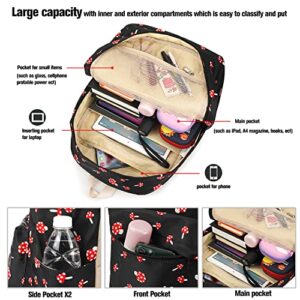 Mushroom School Bag 3-in-1 Kids Bookbag Set, Junlion Laptop Backpack Lunch Bag Pencil Case Gift for Teen Girls Womens