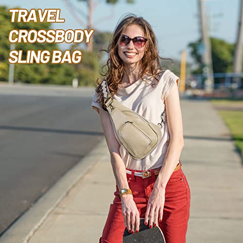 KFXFENQ Sling Bag for Women PU Leather Sling Bags for Women Crossbody Sling Backpack Fashion Chest Bag for Women Travel (Beige)