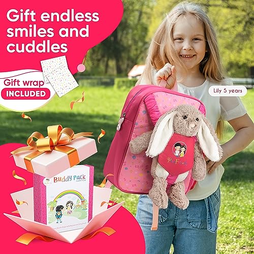 Play Friends Girls Backpacks Ages 4-6 - Medium Size Kids Backpack with Cute Rabbit Plush Toy Great as School Bag, Bookbag, Travel Bag - Birthday Gift for Girls 3 Years Old and Up