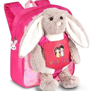 play friends girls backpacks ages 4-6 - medium size kids backpack with cute rabbit plush toy great as school bag, bookbag, travel bag - birthday gift for girls 3 years old and up