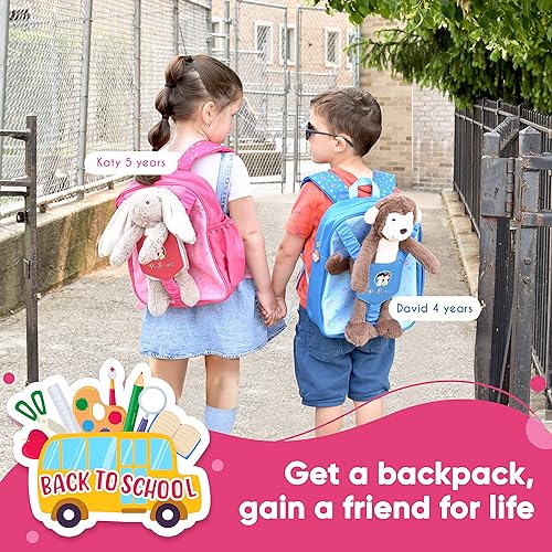 Play Friends Girls Backpacks Ages 4-6 - Medium Size Kids Backpack with Cute Rabbit Plush Toy Great as School Bag, Bookbag, Travel Bag - Birthday Gift for Girls 3 Years Old and Up