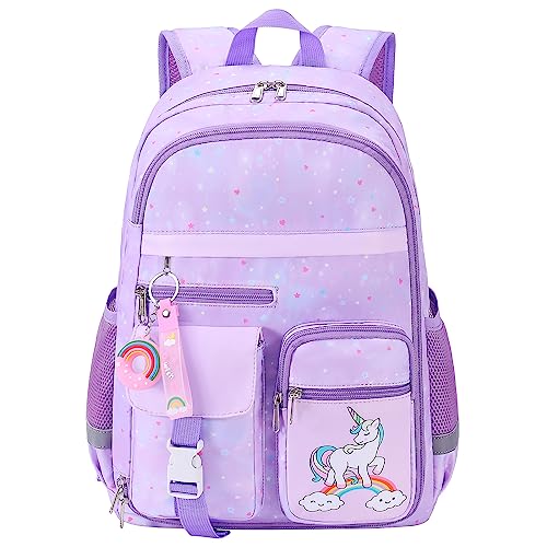 Unineovo Girls Backpack, 17" School Kids Backpacks for Girls, Cute Unicorn Bookbag with Compartments for Elementary Middle School Girls Students(Purple)