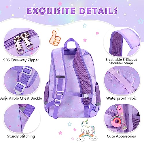 Unineovo Girls Backpack, 17" School Kids Backpacks for Girls, Cute Unicorn Bookbag with Compartments for Elementary Middle School Girls Students(Purple)