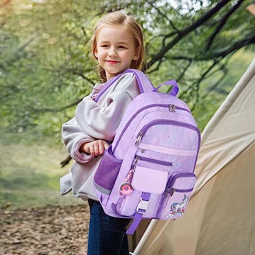 Unineovo Girls Backpack, 17" School Kids Backpacks for Girls, Cute Unicorn Bookbag with Compartments for Elementary Middle School Girls Students(Purple)