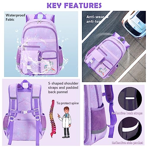 Unineovo Girls Backpack, 17" School Kids Backpacks for Girls, Cute Unicorn Bookbag with Compartments for Elementary Middle School Girls Students(Purple)