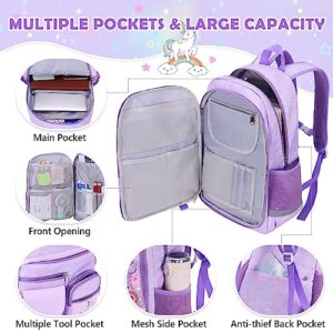 Unineovo Girls Backpack, 17" School Kids Backpacks for Girls, Cute Unicorn Bookbag with Compartments for Elementary Middle School Girls Students(Purple)