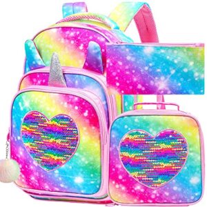 agsdon 4pcs kids backpacks for girls, 16" little kid unicorn sequin elementary school bookbag and lunch box - pink