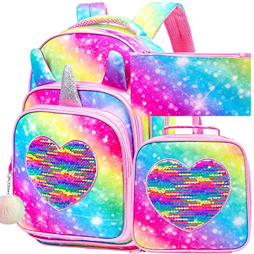 AGSDON 4PCS Kids Backpacks for Girls, 16" Little Kid Unicorn Sequin Elementary School Bookbag and Lunch Box - Pink