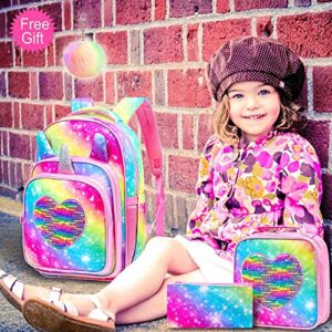 AGSDON 4PCS Kids Backpacks for Girls, 16" Little Kid Unicorn Sequin Elementary School Bookbag and Lunch Box - Pink