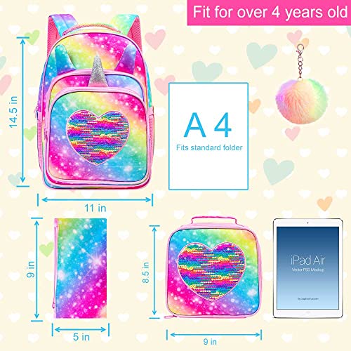 AGSDON 4PCS Kids Backpacks for Girls, 16" Little Kid Unicorn Sequin Elementary School Bookbag and Lunch Box - Pink