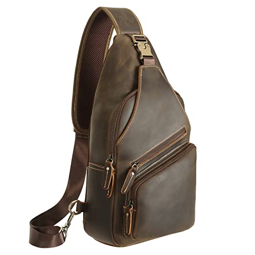 Polare Full Grain Cowhide Leather Vintage Sling Chest Shoulder Bag Retro Hiking Crossbody Casual Daypack