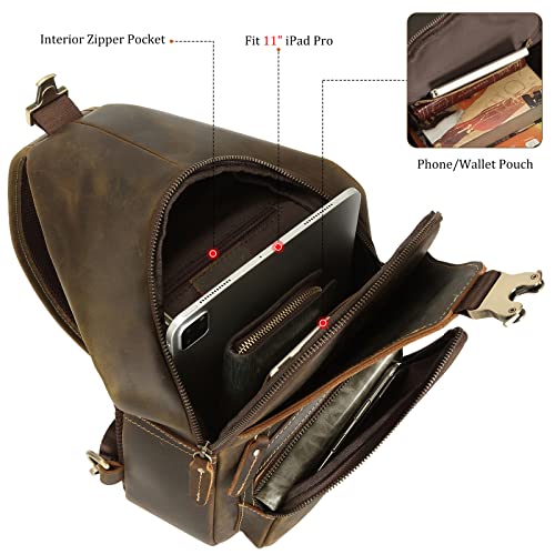 Polare Full Grain Cowhide Leather Vintage Sling Chest Shoulder Bag Retro Hiking Crossbody Casual Daypack