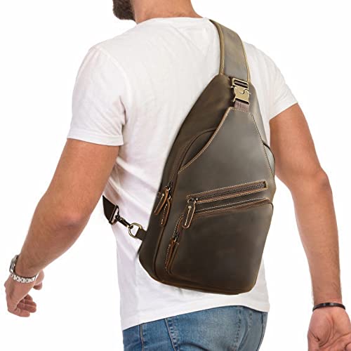 Polare Full Grain Cowhide Leather Vintage Sling Chest Shoulder Bag Retro Hiking Crossbody Casual Daypack