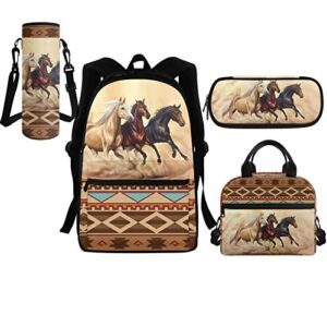 ZFRXIGN Aztec Western Horse Backpack Set for Kids 2Nd/3Rd/4Th/5Th Grade School Bag Girls with Lunch Bag Pencil Case Water Bottle Holder Primary Elementary Bookbag