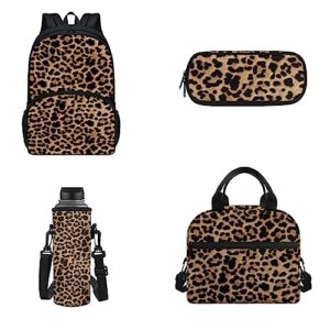 Jndtueit Leopard Spots Girls Boys Lightweight Backpack with Lunch Box, Cheetah Skin Kids BookBag 4 Set Rucksack, Brown Black Water Bottle Holder Pencil Bag for Teens