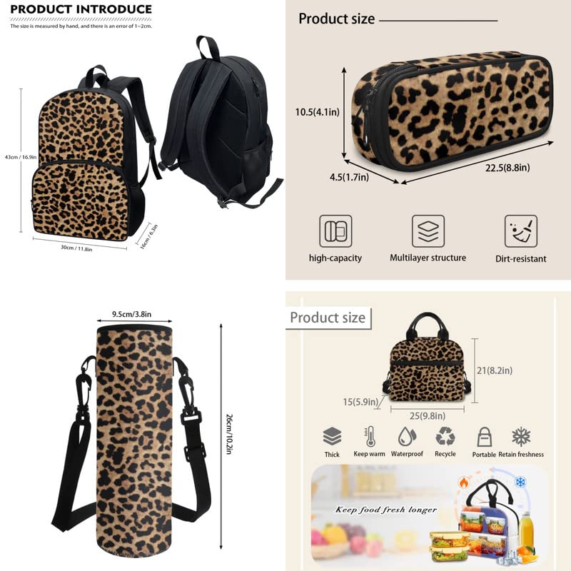 Jndtueit Leopard Spots Girls Boys Lightweight Backpack with Lunch Box, Cheetah Skin Kids BookBag 4 Set Rucksack, Brown Black Water Bottle Holder Pencil Bag for Teens