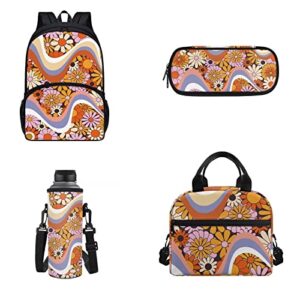 fuibeng 4 pcs backpack for school,abstract hippie groovy flower bookbag+neoprene insulated water bottle holder with adjust strap lunch box +pen case boys girls back to school gift