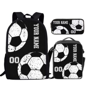 bulopur soccer love personalized name & number boys girls backpack set student school bookbag 3 set lunch bag pencil case fashion daypack