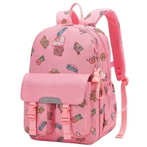 htwo school backpack for girls cute cartoon bookbag spinal protection kids travel backpacks for girl with gift pendant (pink)