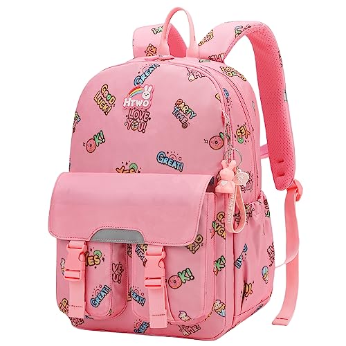 HTWO school backpack for girls cute cartoon bookbag Spinal protection kids travel backpacks for girl with Gift pendant (Pink)